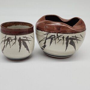 Hand Carved Bowl & Teacup Signed Japanese Takahashi Handcrafted Ceramic Bamboo